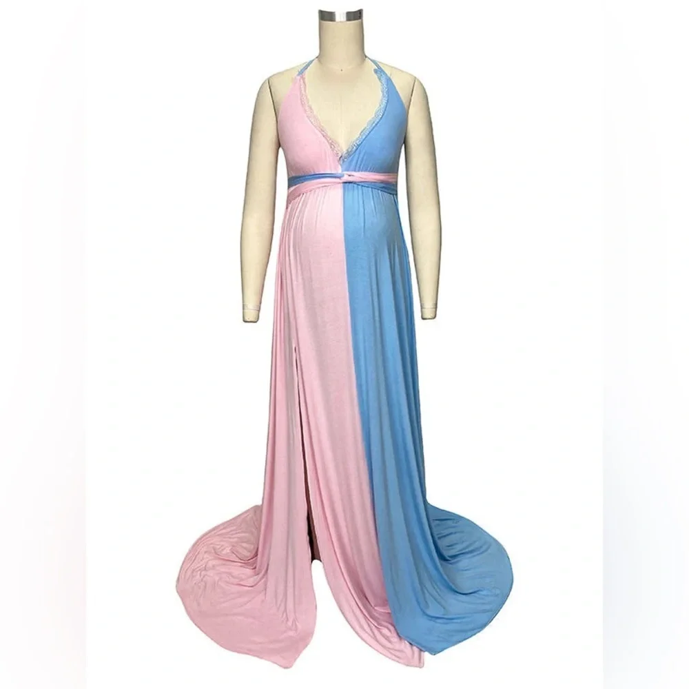 Pink&Blue Lace Spaghetti Backless Side Slit Dress - Picture 4 of 4